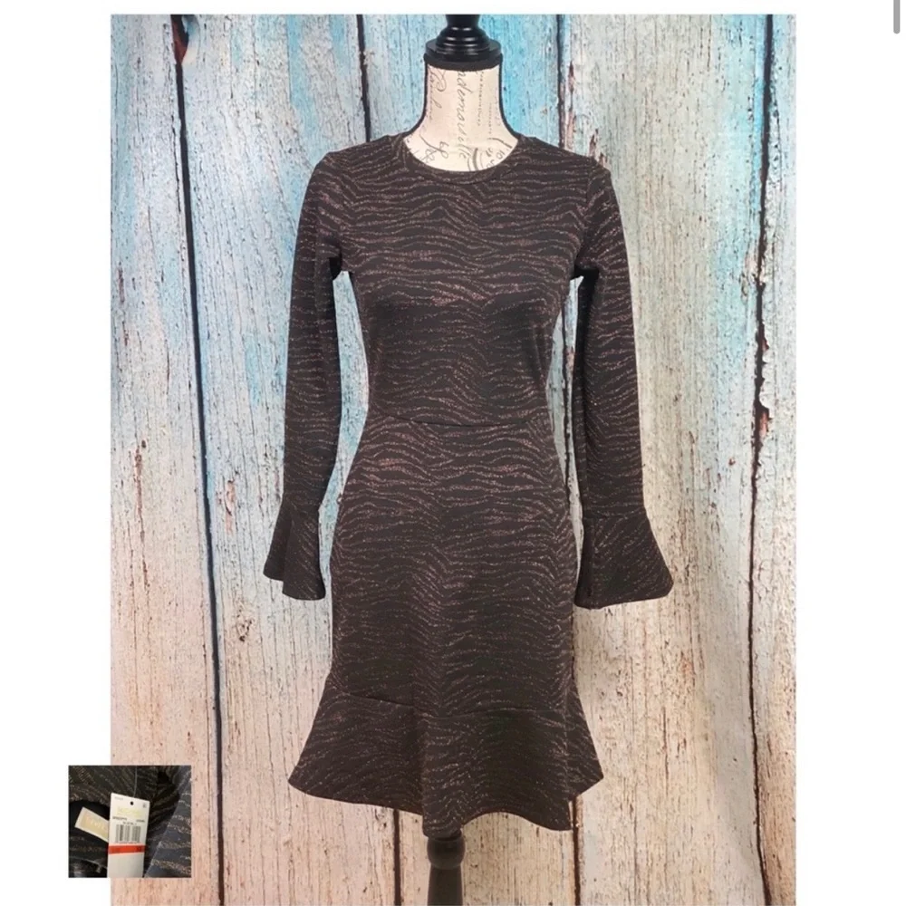 MICHAEL KORS NWT Caramel Animal Print Flounce Trim Dress - Picture 2 of 14